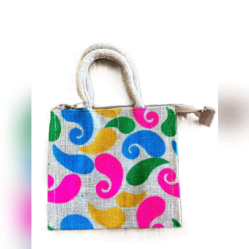 Small eco-friendly jute bag with colourful paisley print for Indian return gifts Australia.
